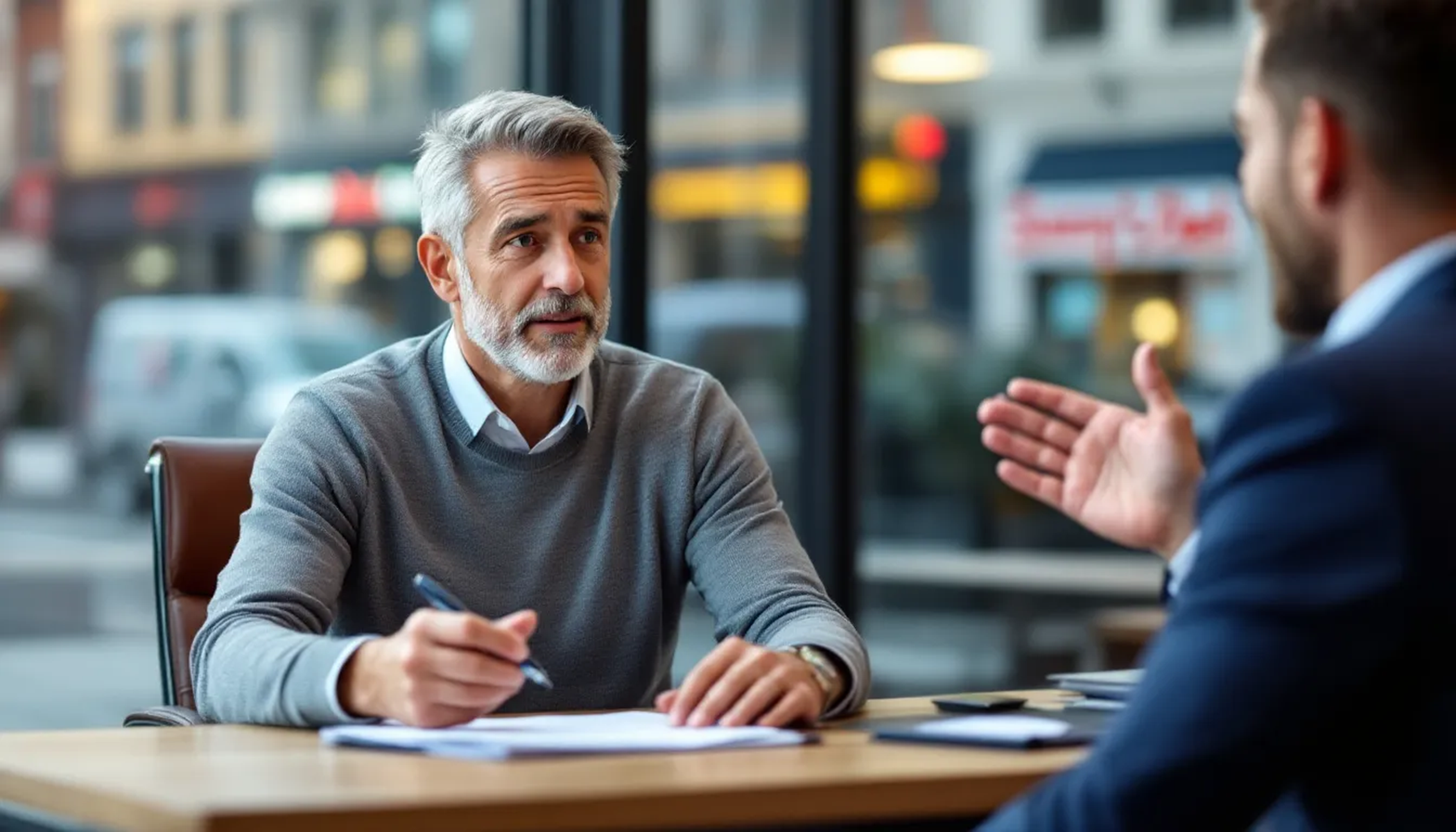 A small business owner discussing insurance for assets used as collateral in a small business loan application, loss payment even