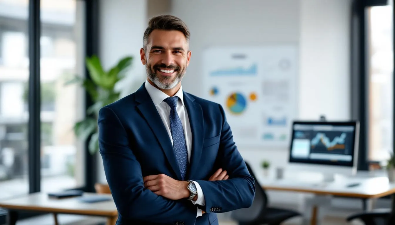 A confident small business owner stands in their office, smiling as they hold documents related to invoice factoring, showcasing their successful funding solution. This image illustrates how they have accessed immediate cash flow through a reputable factoring company, allowing them to overcome extended payment terms and manage outstanding invoices effectively.