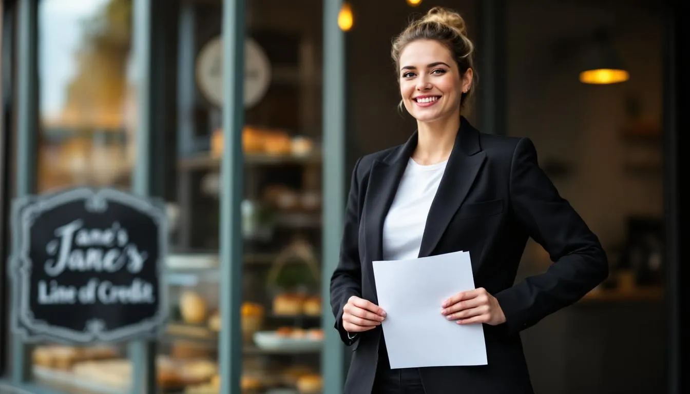 A small business owner stands confidently with a smile, reflecting on their recent success in securing a business line of credit, which will positively impact their business credit score and help manage cash flow gaps. The image captures the essence of financial health and the importance of building business credit for future growth.