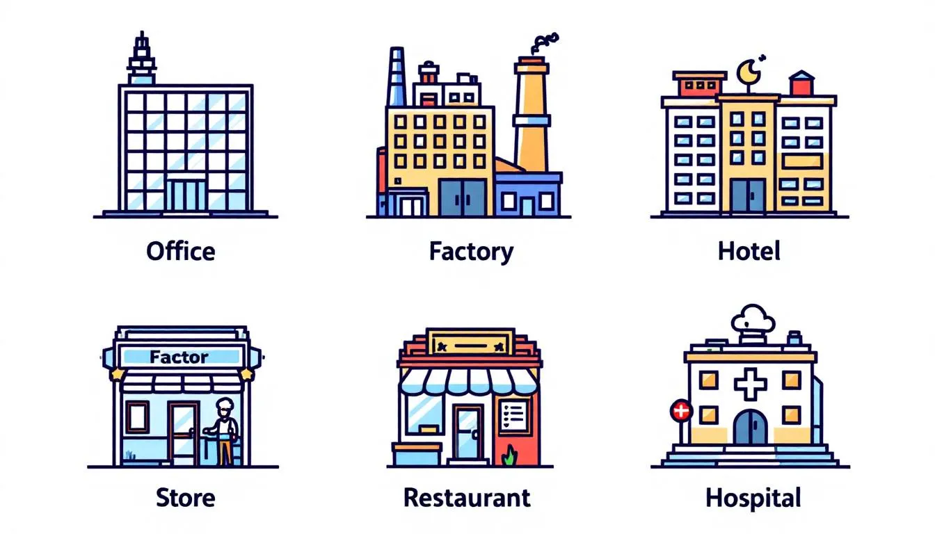An illustration depicting various types of commercial properties, including an office building, factory, hotel, storefront, restaurant, and hospital, represented by distinct icons. This image highlights the diversity within commercial real estate, relevant for discussions on commercial real estate loans and financing options for small business owners.
