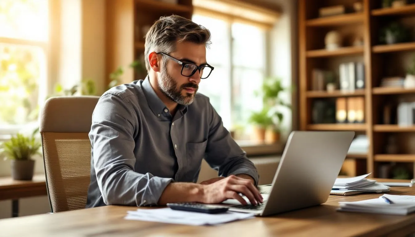 A small business owner sits at a desk, reviewing accounts receivable documents and contemplating the benefits of invoice factoring as a funding solution to improve cash flow. The owner considers both recourse and non recourse factoring options, weighing the risks of customer non payment against the advantages of immediate cash from a reputable factoring company.