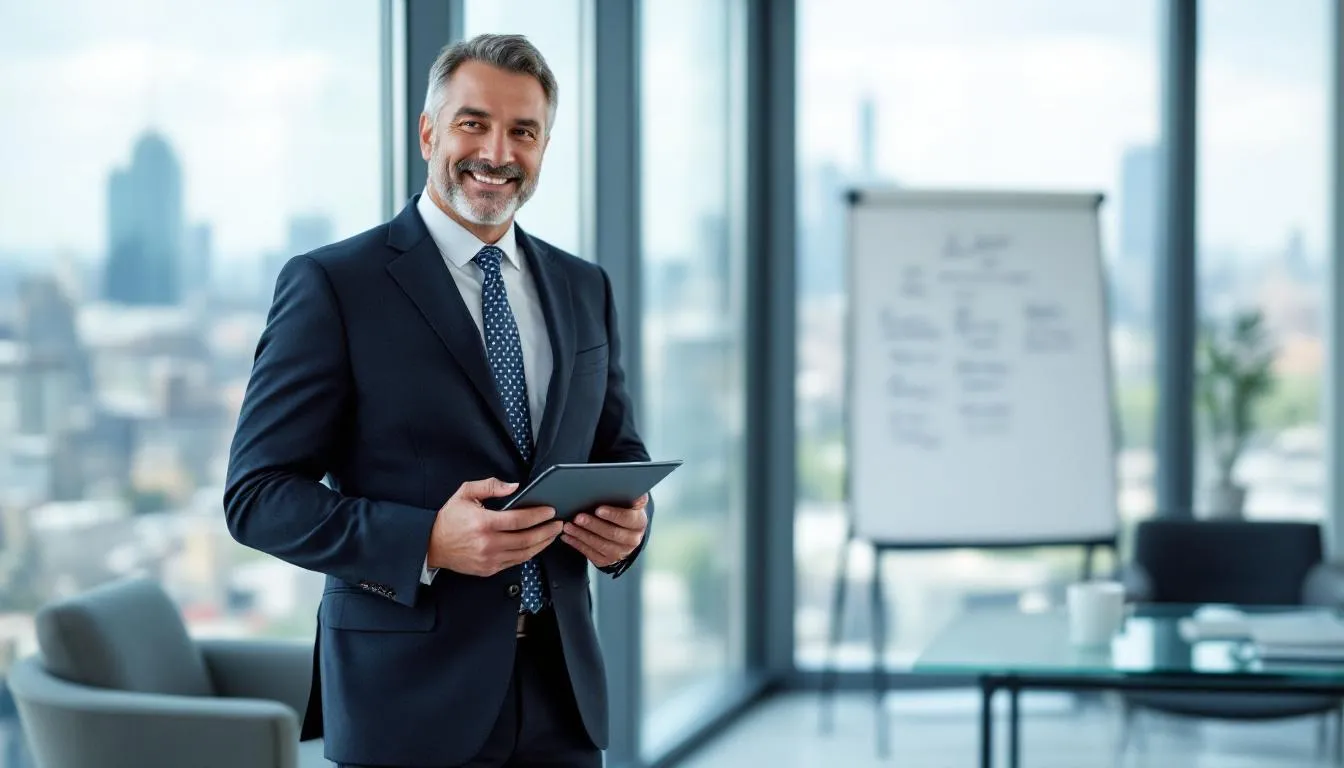 A confident business owner of a staffing agency stands proudly, having successfully utilized payroll factoring to ensure they can meet payroll obligations and maintain a steady cash flow. The image reflects the positive impact of payroll funding solutions on their staffing business's financial health.