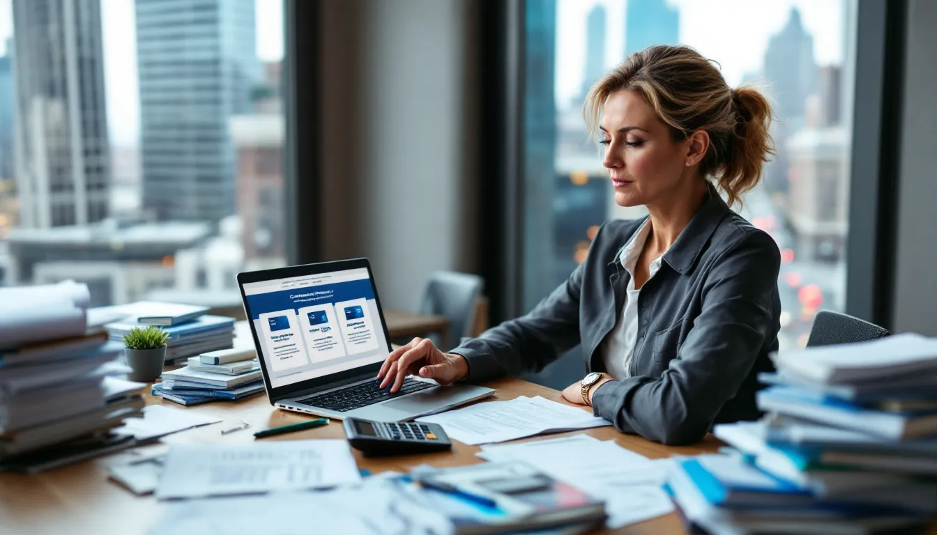 A small business owner is sitting at a desk, reviewing various business credit card options, focusing on factors like credit limits and annual fees. The scene conveys the importance of understanding personal credit scores and the approval process when selecting the best business credit cards for their needs.