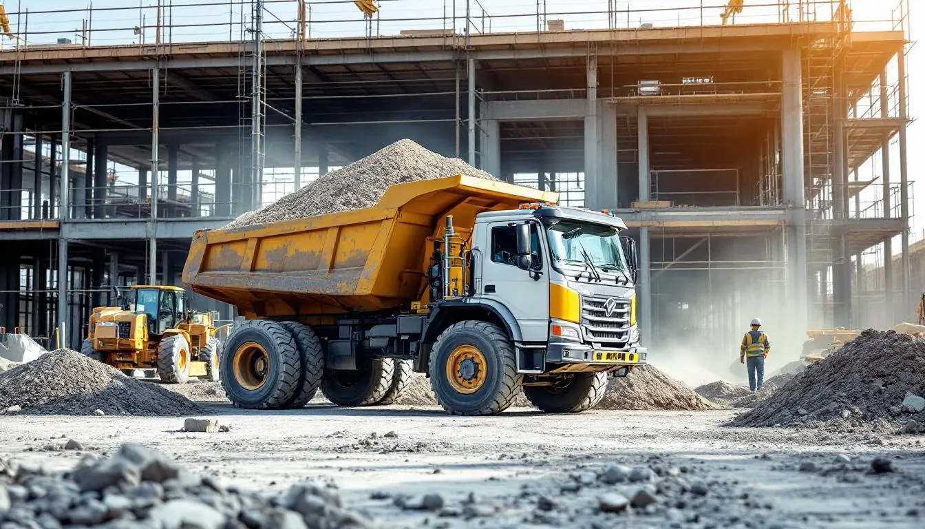 A large dump truck is actively working on a construction site, surrounded by piles of dirt and heavy equipment. This scene highlights the importance of financing options, such as dump truck loans, for new businesses needing reliable equipment to meet their operational demands.