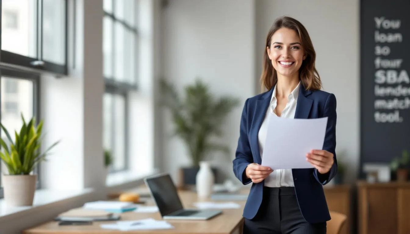 A confident small business owner stands proudly, having successfully secured the right loan using the lender match tool, which connects borrowers with potential lenders. The image conveys a sense of achievement, highlighting the importance of access to funding for entrepreneurs in underserved communities.