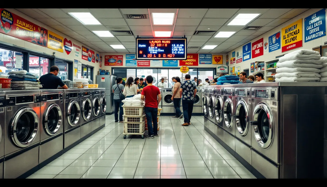 A bustling laundromat filled with customers using various commercial washing machines and laundry carts, showcasing the success of a thriving laundromat business. The scene reflects the vibrant atmosphere of a vital community resource, highlighting the potential for profitability in the laundry industry.