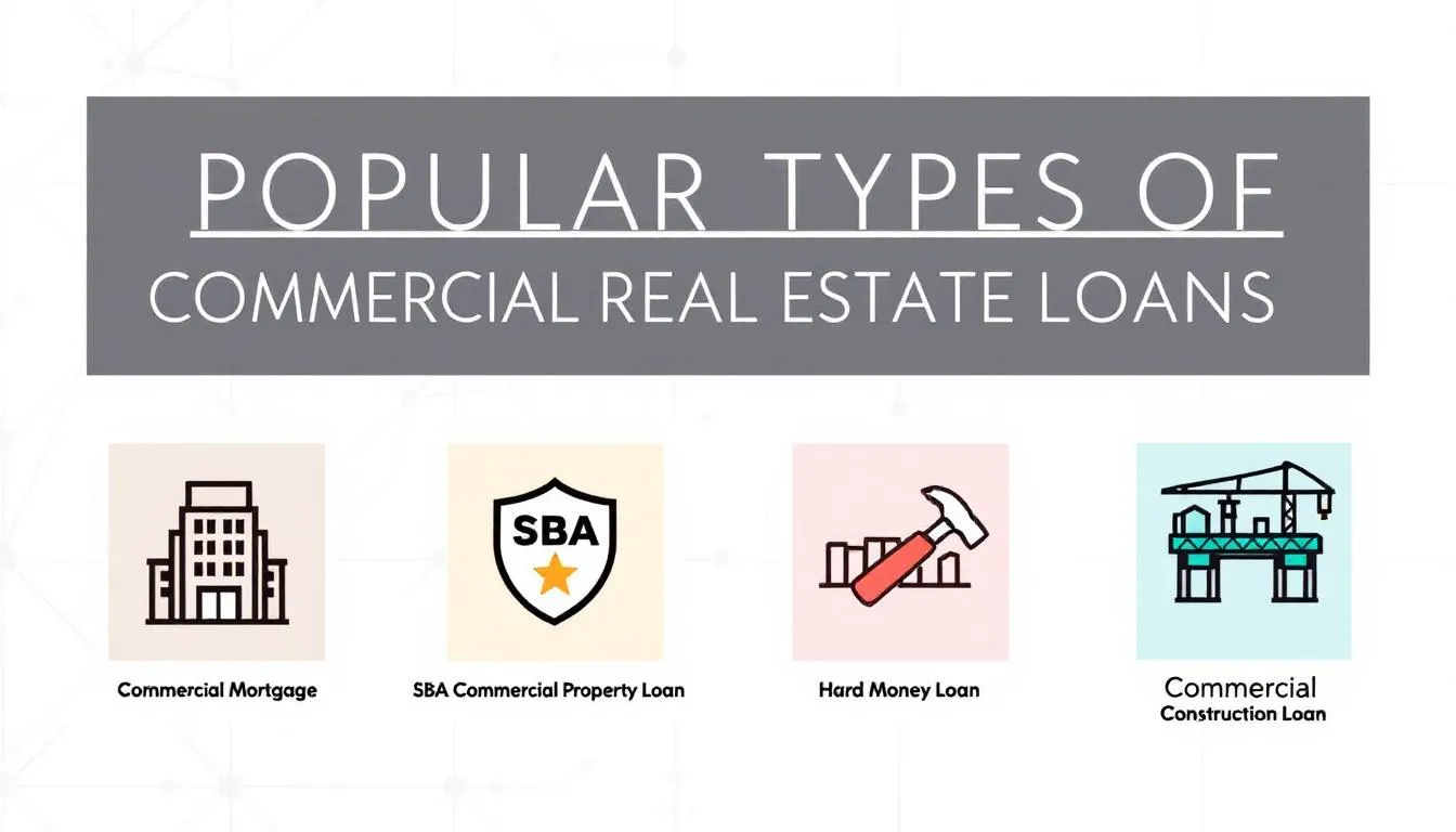 In this infographic, titled “Popular Types of Commercial Real Estate Loans,” a grid displays five different loan types, each represented by an icon: Commercial Mortgage, SBA Commercial Property Loan, Hard Money Loan, Bridge Loan, and Commercial Construction Loan, catering to the needs of business owners and independent contractors in the real estate sector.