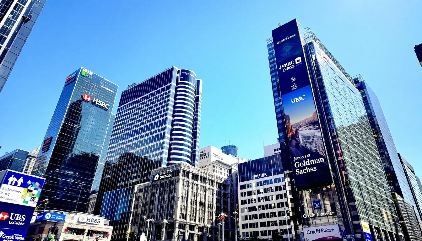 The image depicts various banks and financial institutions, showcasing their modern architecture and signage. These establishments offer services such as business loans and financial assistance to small business owners looking to obtain financing for their business needs.
