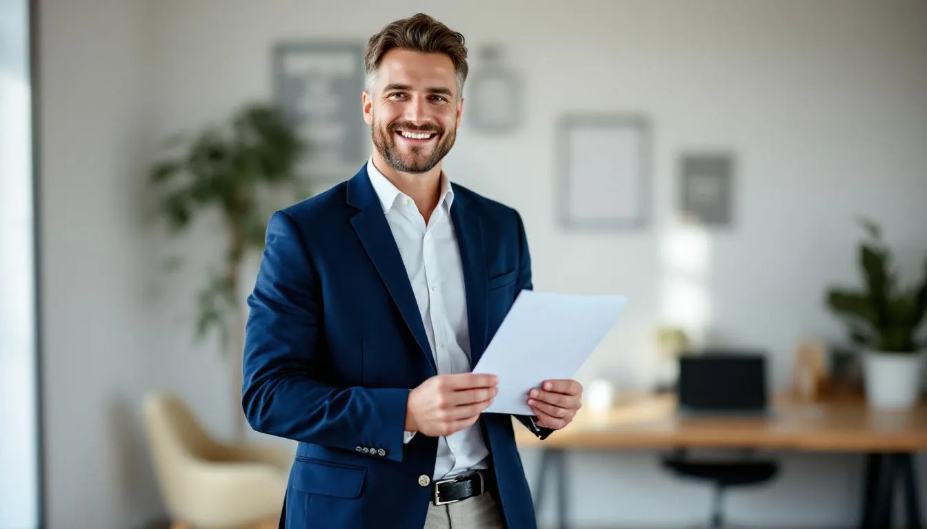 A confident small business owner stands proudly with a completed SBA form, symbolizing their successful approval for an SBA loan. The image conveys a sense of achievement and readiness to utilize financial assistance for their business growth.