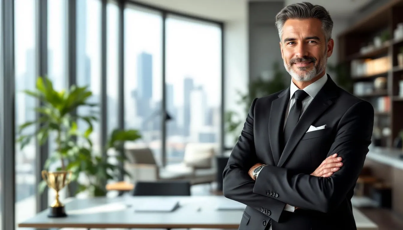 A confident mid-sized business owner stands in a modern office, showcasing success achieved through a delayed draw term loan, which allowed for flexible access to funds for multiple acquisitions. The owner appears pleased, reflecting on financial milestones reached without incurring excessive interest payments.