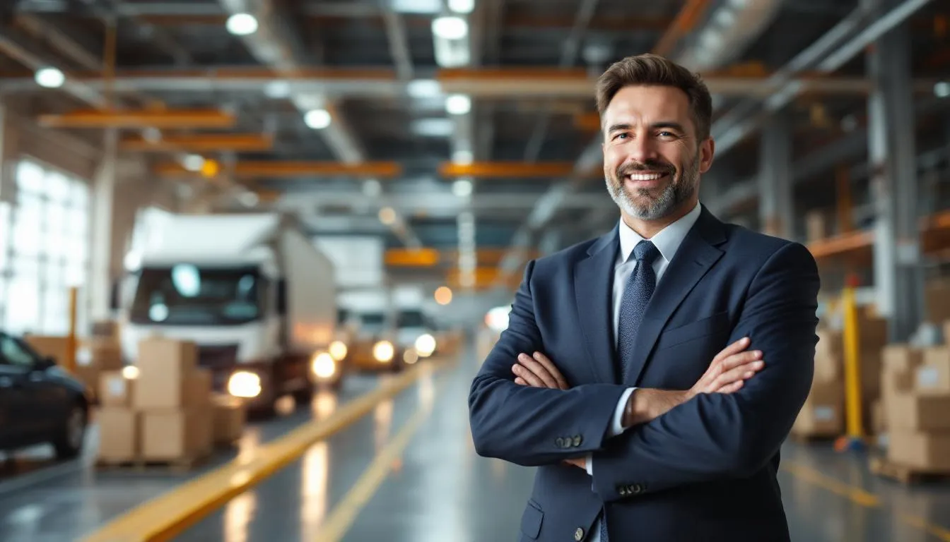 A confident small business owner stands on a bustling factory floor, observing delivery trucks departing to fulfill significant customer orders. The image features a transparent overlay with the title "Purchase Order Financing," highlighting the importance of effective financing solutions for business growth and cash flow management.