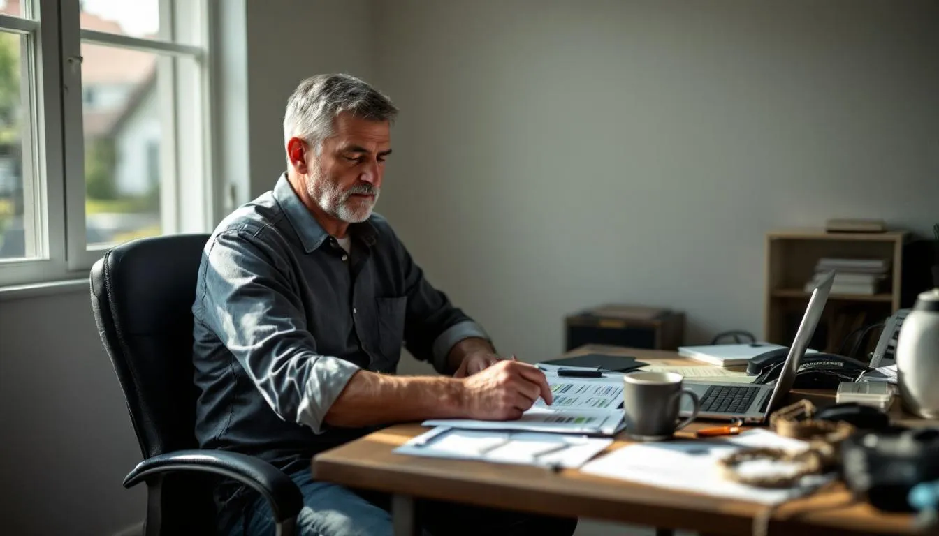 A military veteran and small business owner sits at a desk, intently researching options for bad credit business loans for veterans to secure funding despite a low personal credit score. Various documents and a laptop are visible, highlighting the challenges and resources available for veteran entrepreneurs looking to qualify for financing.
