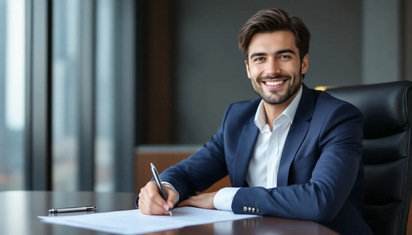 A young professional business loan broker stands confidently, exuding optimism about their future as they partner with a trusted commercial loan brokerage. This image conveys the importance of building relationships and gaining experience in the field of business financing, essential for becoming a successful loan broker.