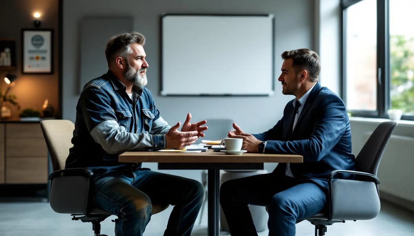 A dump truck owner is seated across from a business lender, discussing various dump truck financing options, including flexible loan terms and competitive interest rates. The conversation focuses on how to finance a dump truck, considering factors like credit scores and monthly payments to meet the owner's business needs.
