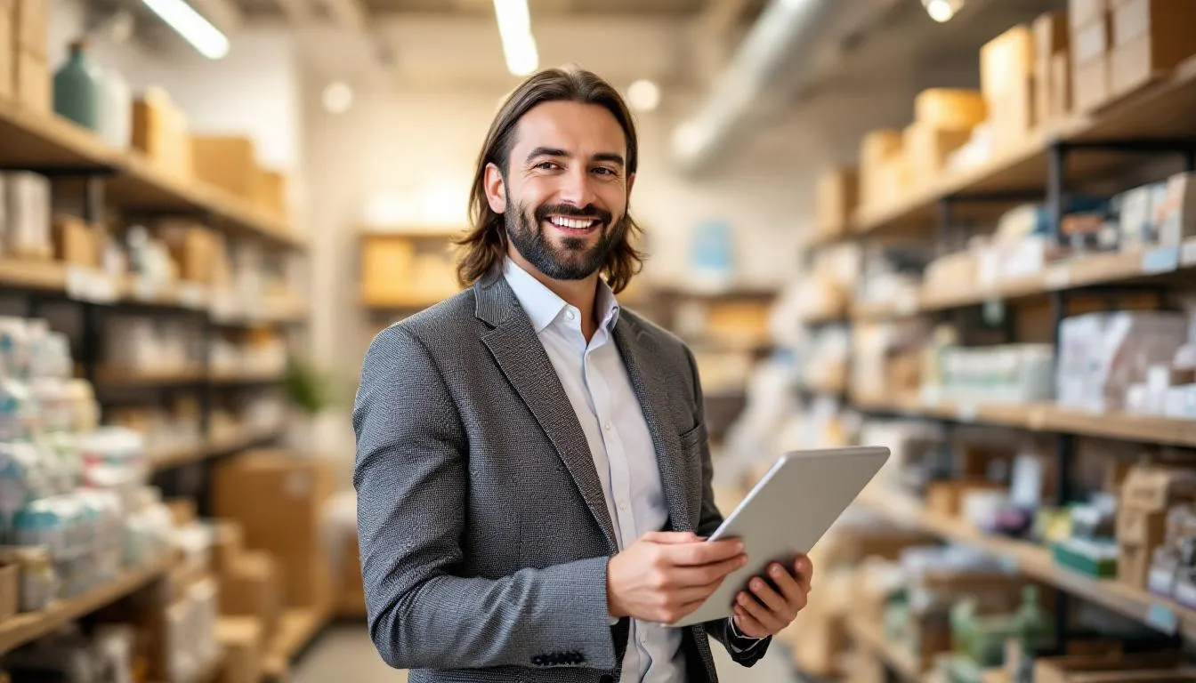 A confident small business owner stands in their office, reflecting on the positive impact of invoice discounting for supply chain finance, which has helped alleviate cash flow challenges and improve business operations. They smile, knowing that utilizing accounts receivable financing has provided immediate cash flow and enhanced customer service through better payment terms.