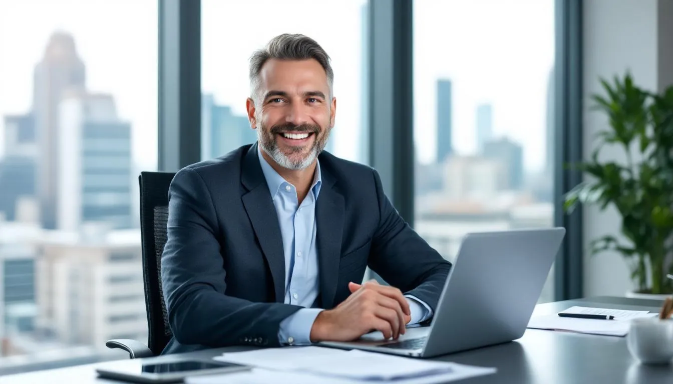A confident small business owner stands in their office, smiling as they review their accounts receivable, having successfully learned how factoring companies work to improve cash flow. This newfound knowledge allows them to access immediate funds instead of waiting for invoice payments or bank financing.