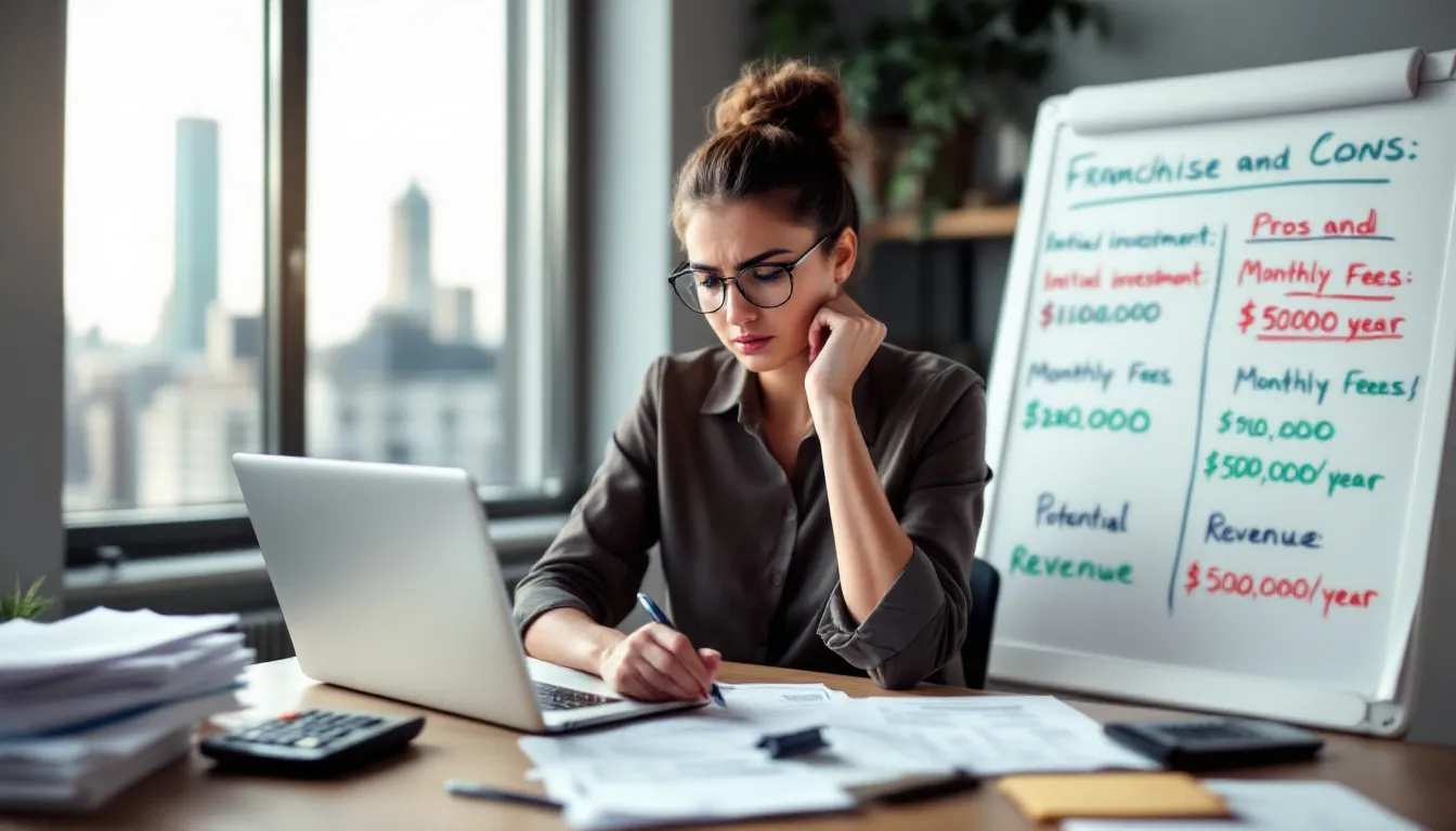 An aspiring entrepreneur is thoughtfully evaluating the costs and fees associated with buying into a franchise, including the initial franchise fee and ongoing business format franchising fees. This process involves reviewing the franchise agreement and the franchise disclosure document to understand the financial commitments required for successful franchise ownership.