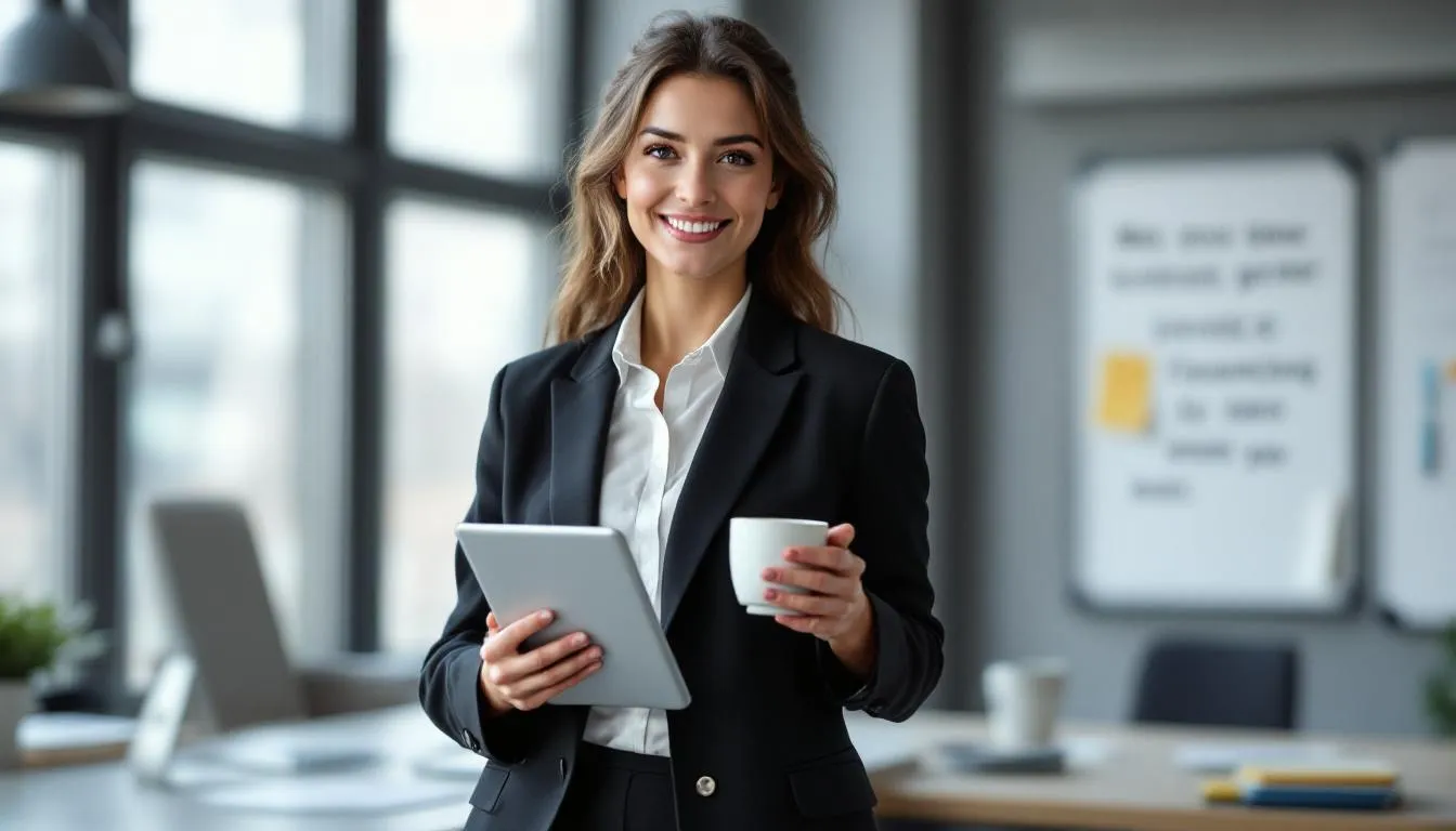 A confident small business owner stands proudly in their office, having successfully utilized invoice financing to enhance cash flow and manage outstanding invoices. The owner reflects a sense of accomplishment, highlighting the benefits of invoice factoring and accounts receivable financing for improving their business's financial health.