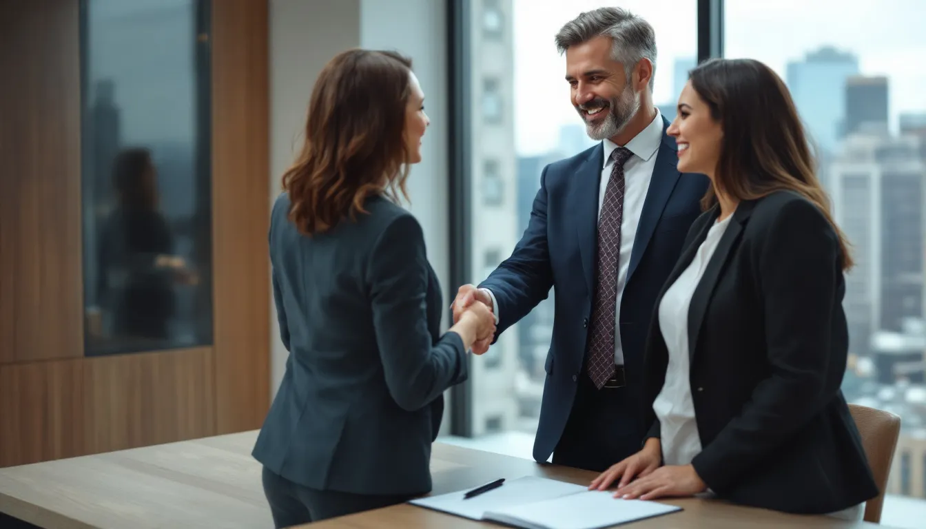 A confident business loan broker is seen finalizing a deal with a client at a local branch, celebrating the successful arrangement that benefits the client with favorable loan terms and ensures a high commission for the broker. The atmosphere reflects the excitement of securing financing options while discussing monthly payments and interest rates related to the business line of credit.