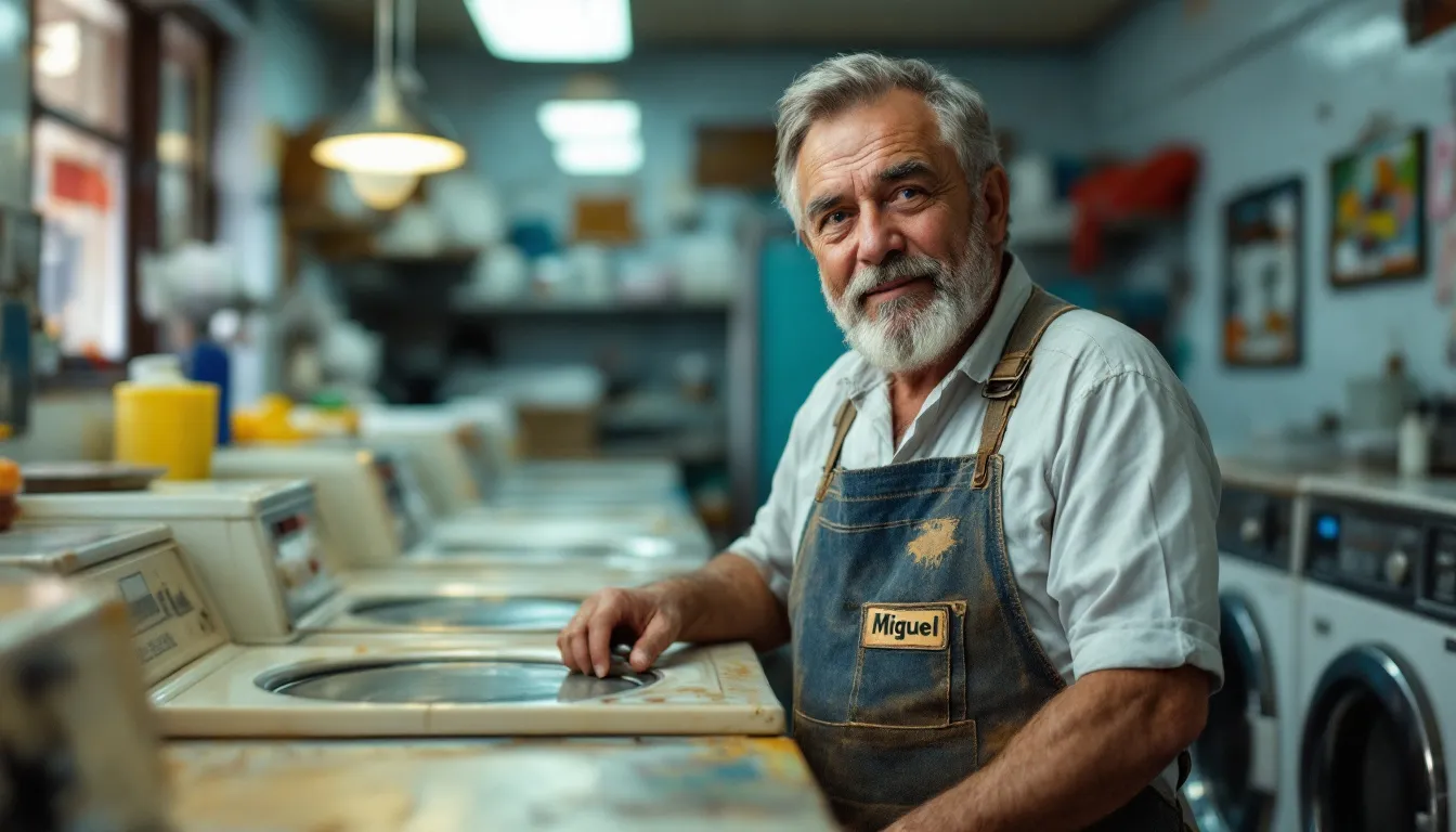 A small business owner is actively managing a busy laundromat, surrounded by coin-operated washers and dryers filled with laundry. The scene captures the hustle of the laundromat business, highlighting the importance of effective business financing options like SBA loans for laundromat owners.