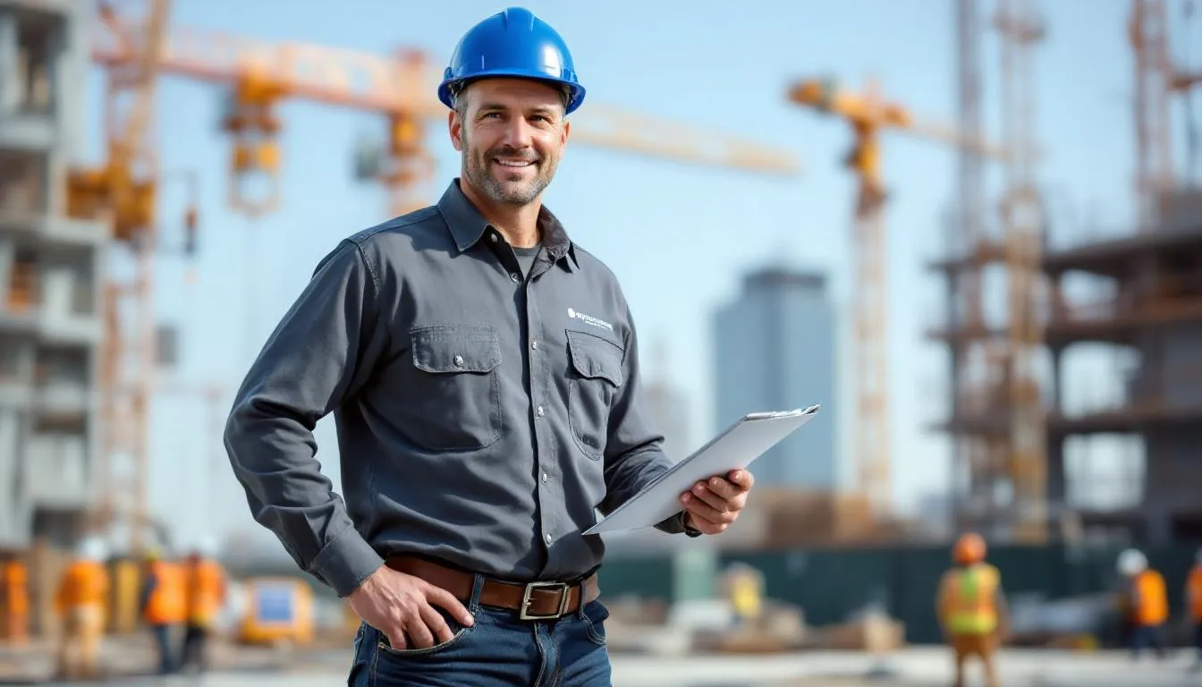 A confident construction contractor stands on a busy job site, surrounded by various construction projects and equipment, embodying success in the construction industry. The image reflects the importance of adequate working capital and business funding for small business owners in the contracting business.