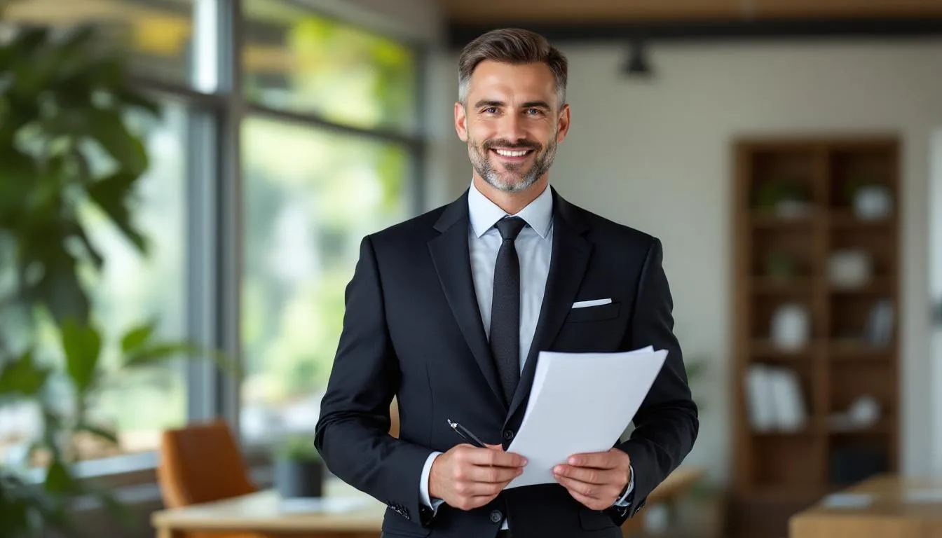 A confident sole proprietor stands in a modern office, smiling as they hold documents indicating successful business funding. This image represents the empowerment of small business owners who secure business loans, enabling them to grow their sole proprietorships and achieve their entrepreneurial goals.