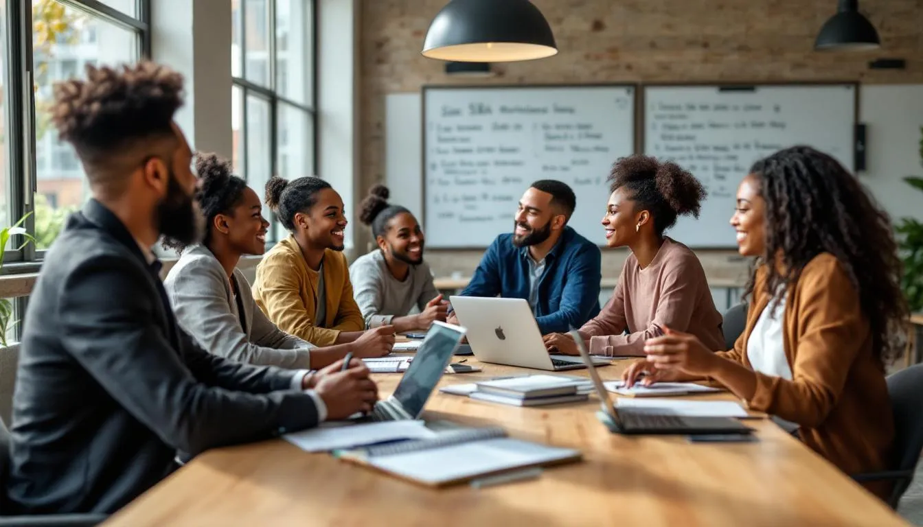 A diverse group of entrepreneurs is gathered around a table, discussing the possibility of using SBA microloans to fund their startup enterprises. They are reviewing business plans and considering the eligibility requirements for small business loans, aiming to secure financial assistance for their ventures.