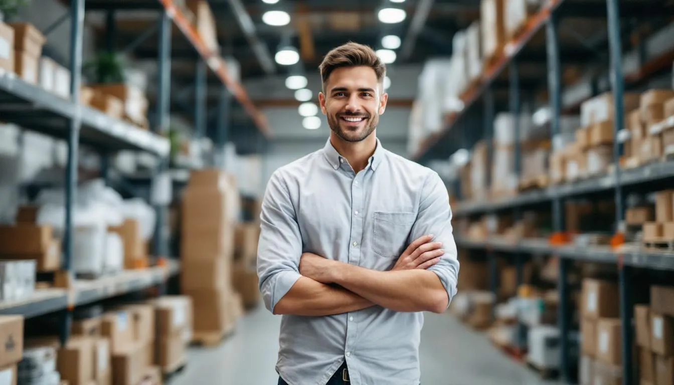 A confident small business owner stands in a warehouse surrounded by additional stock, having successfully utilized an inventory financing loan to enhance their inventory levels. This strategic move not only supports their cash flow but also positions them to meet high customer demand effectively.