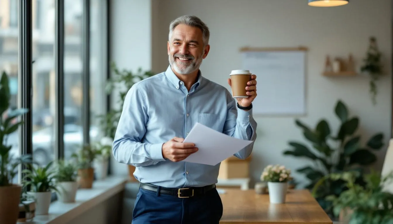 A small business owner stands confidently with a relieved expression after successfully securing an emergency business loan, symbolizing hope and financial support for small businesses facing challenges. The image captures the essence of overcoming obstacles with the help of funding options like SBA disaster loans or economic injury disaster loans.