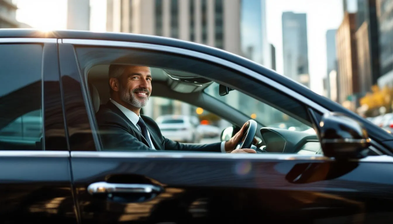 A confident small business owner is driving a luxury sedan on the left side of the road, symbolizing success in the USA. The image reflects the importance of business auto loans and financing options available for commercial vehicles, showcasing the owner's professional demeanor.