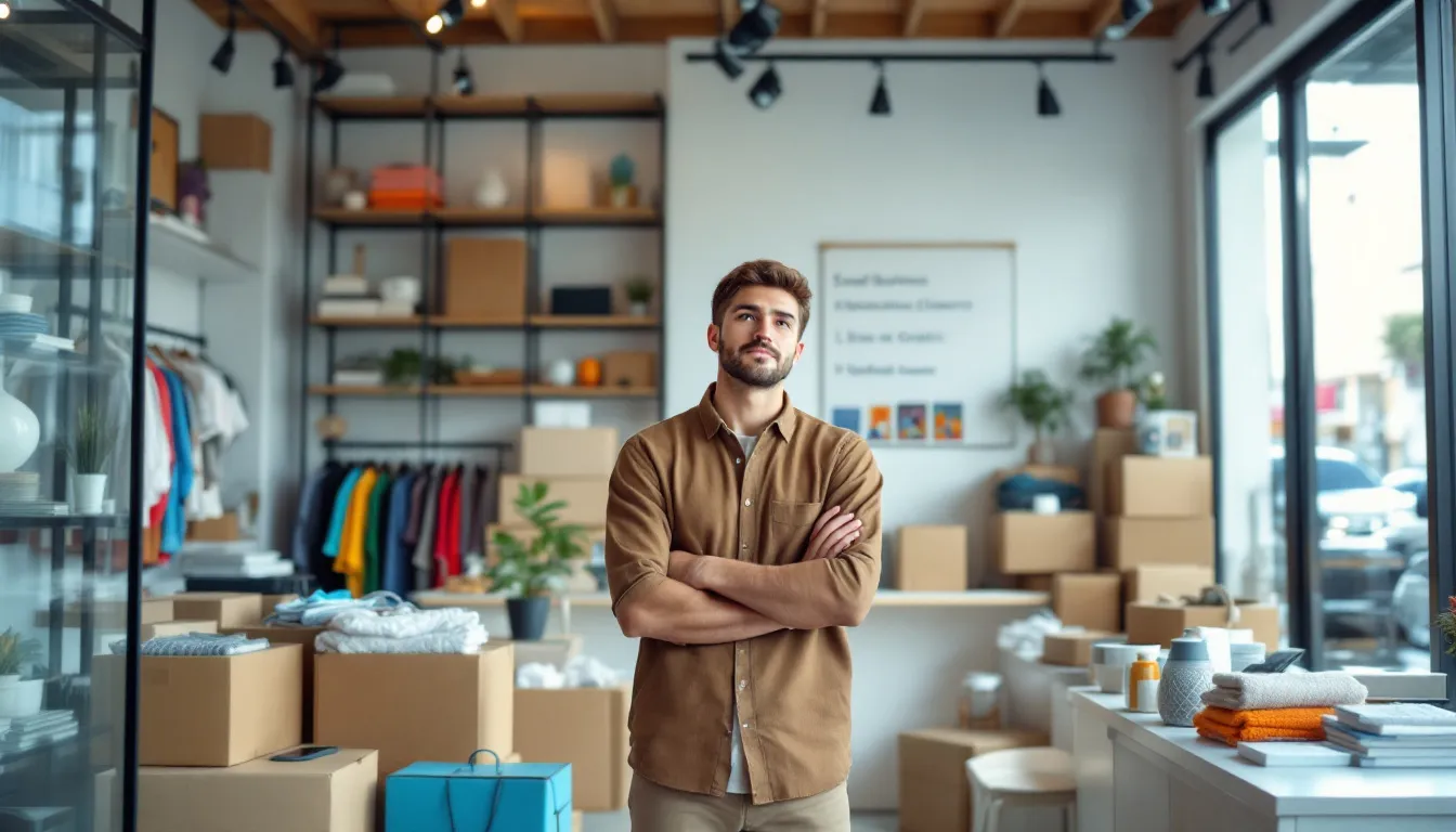 A young retail store entrepreneur is surrounded by unpacked boxes as they set up their new business operation, contemplating various small business financing options, including SBA guaranteed loans and their associated loan terms to support their retail business. The scene captures the excitement and challenges of starting a new venture while considering the necessary funding and financial resources.