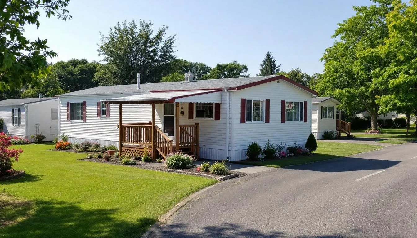A well-maintained double-wide trailer is situated in an attractive mobile home park, showcasing the potential for affordable living in a manufactured home community. This image highlights the investment opportunities available in mobile home park financing and the appeal of mobile homes in good shape as a viable housing option.