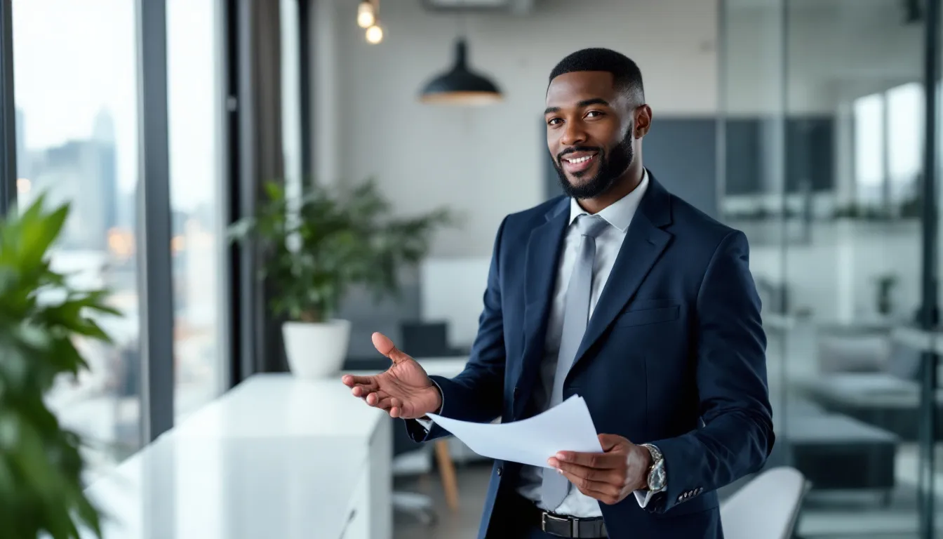A confident small business owner stands with a smile, showcasing their success after utilizing equity from commercial real estate to secure a cross-collateralized business loan. This strategic move highlights the benefits of cross collateralization, allowing them to leverage existing assets for more favorable loan terms with the same financial institution.