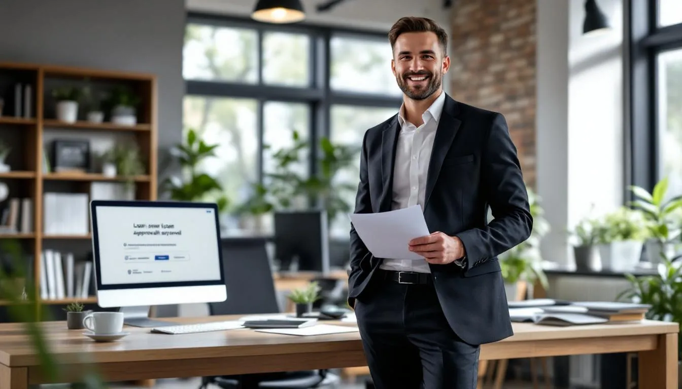 A confident small business owner stands proudly, having successfully secured a small business loan with just their EIN, symbolizing their strong financial health and commitment to building business credit. The image reflects the determination and success of small business owners navigating their personal and business finances.