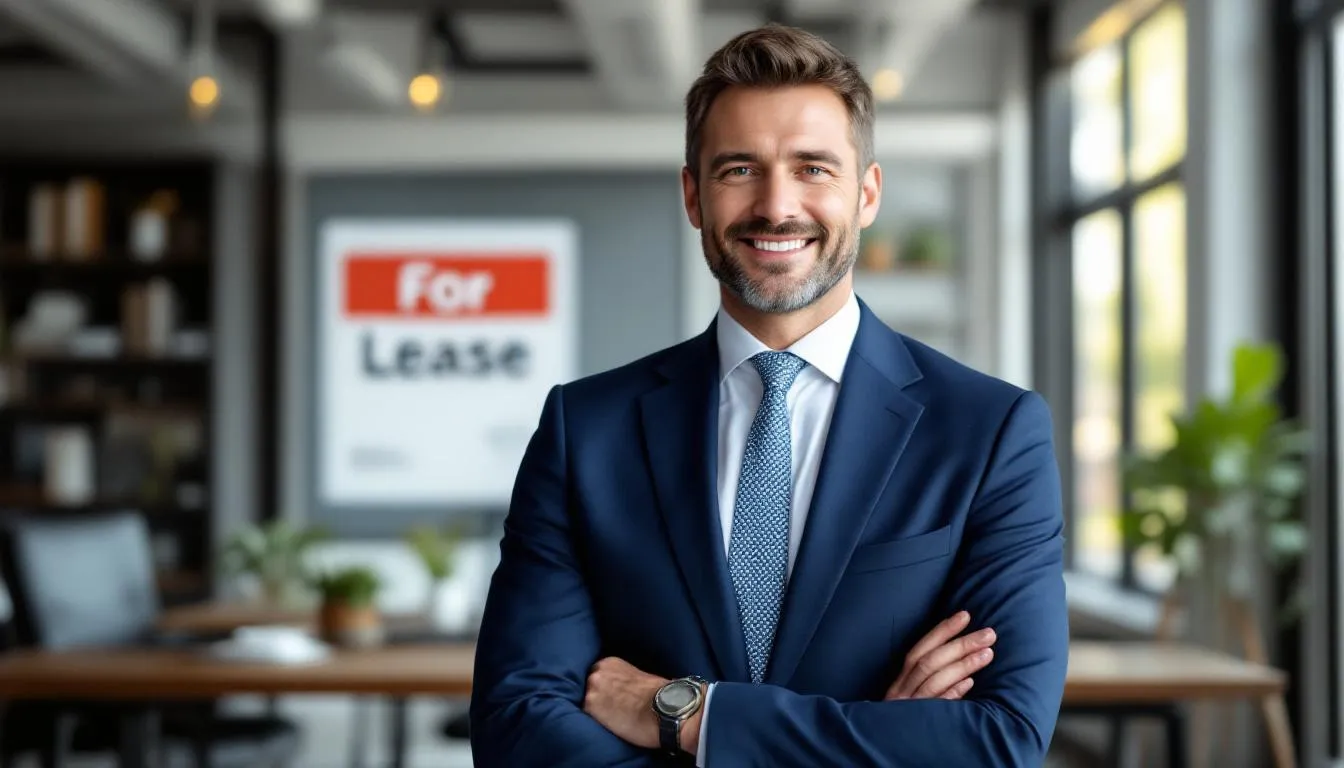 A confident small business owner stands proudly in front of their commercial property, having successfully secured a commercial real estate loan. The image highlights their achievement in navigating commercial mortgage rates and securing favorable terms, reflecting the high demand for commercial real estate loans in today's market.