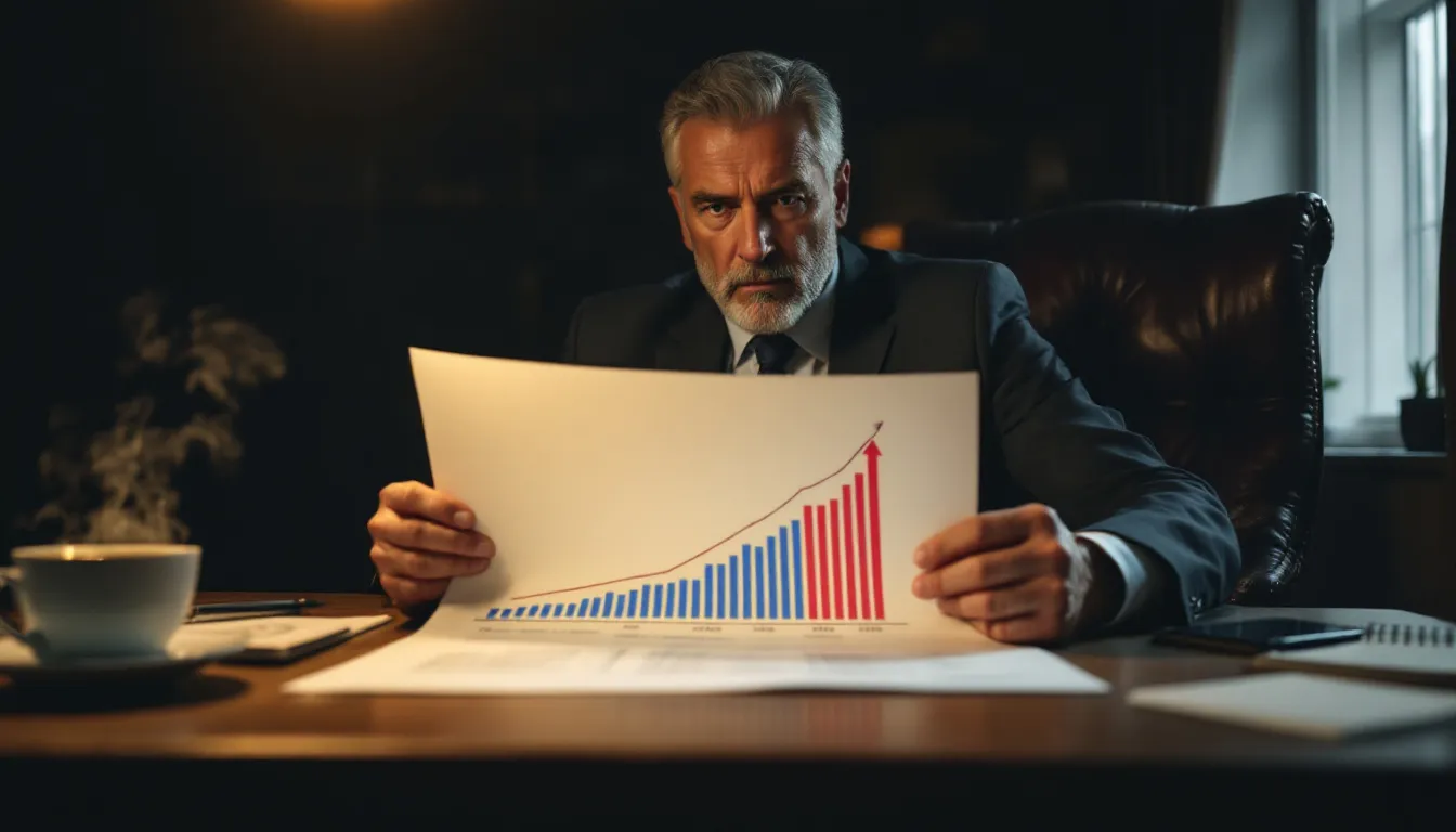 A small business owner is intently reviewing a graph that illustrates various commercial loan interest rates, highlighting the impact of the federal funds rate and average interest rates on potential business loans. The graph serves as a crucial tool for understanding financing options, including commercial real estate loans and their associated monthly payments.