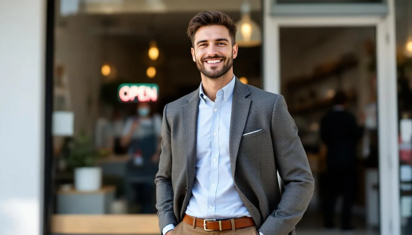 A small business owner stands with a bright smile, radiating happiness and confidence after successfully receiving an SBA express loan. This moment signifies a significant step towards fulfilling their financing needs, allowing them to purchase equipment and enhance their business operations.