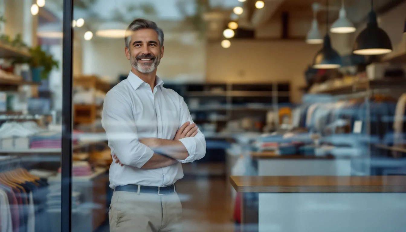 A dry cleaner owner stands behind the counter in their dry cleaning business, ready to serve customers with a welcoming smile. The scene captures the essence of small business ownership, highlighting the importance of customer service in the laundry services industry.