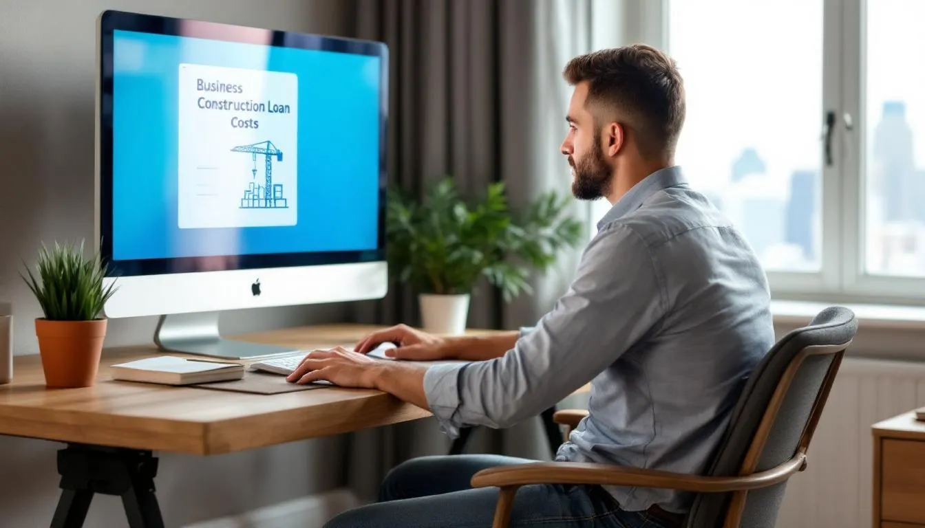 A small business owner is focused on a computer screen displaying an icon of a construction crane along with the heading "Business Construction Loan Costs," highlighting the financial aspects of commercial construction loans and their associated interest rates. The image reflects the importance of understanding costs and payment structures for small businesses involved in construction projects.
