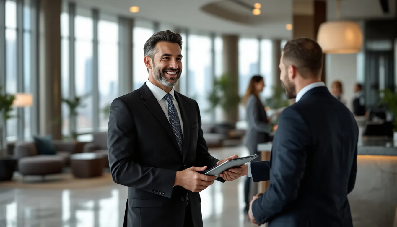 A hotel owner stands at the entrance of their hotel, warmly welcoming guests while contemplating various hospitality financing options to support their hotel property. They are focused on securing the right hotel loan to enhance their business and ensure financial protection for their existing hotel.