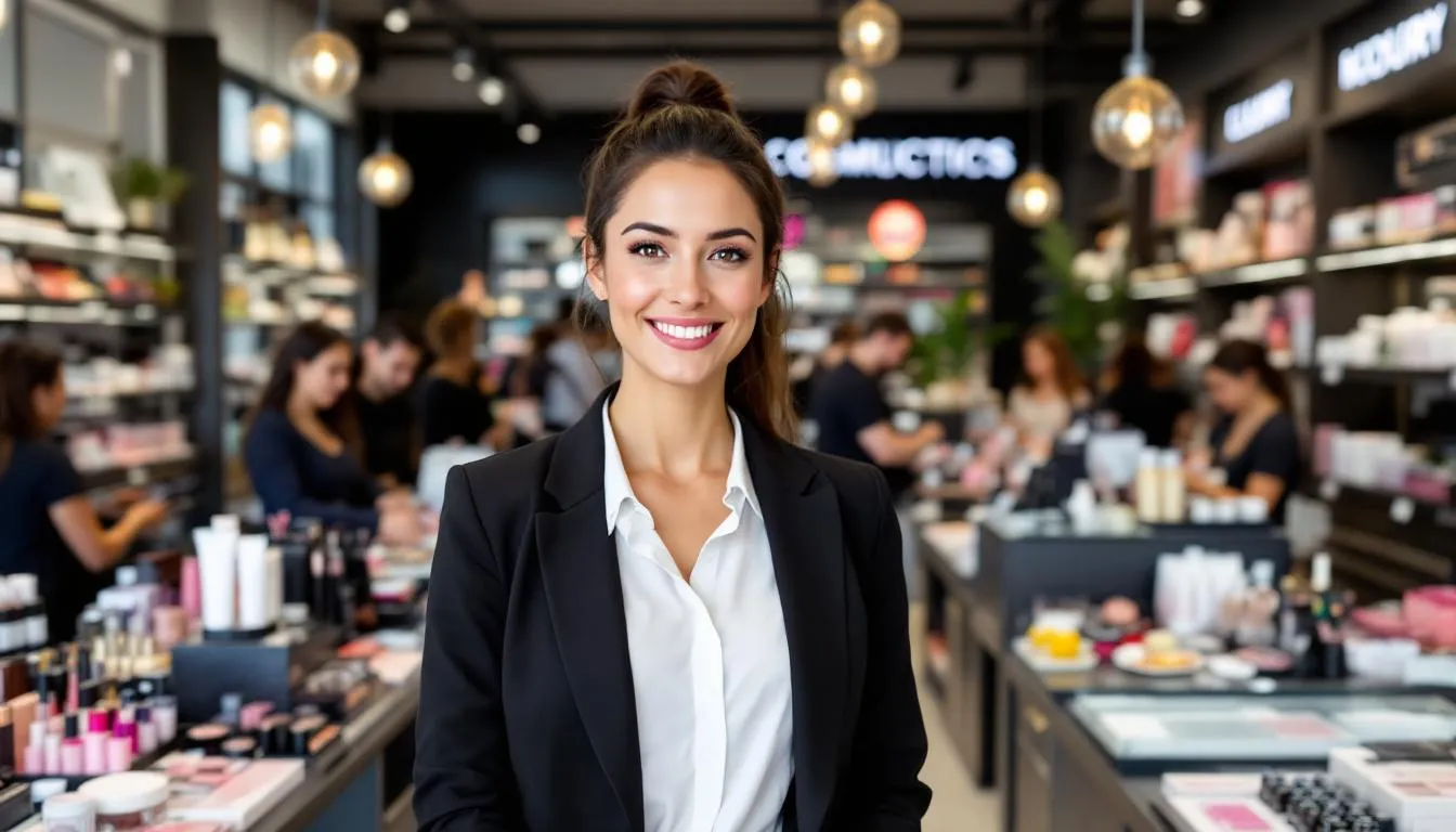 A happy and successful cosmetics store business owner stands amidst a bustling cosmetics store filled with beauty products and customers. The atmosphere reflects the thriving beauty and wellness industry, showcasing the owner's hard work and the potential of small business loans for cosmetics stores.