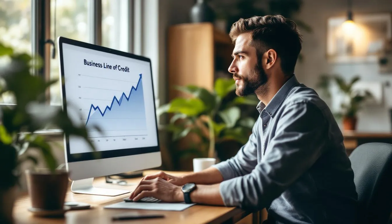 A small business owner is intently observing a computer screen displaying a line graph that trends upward, titled "Business Line of Credit Affect on Credit Scores." This image reflects the owner's focus on how equipment financing and credit scores can impact their business operations and financial history.