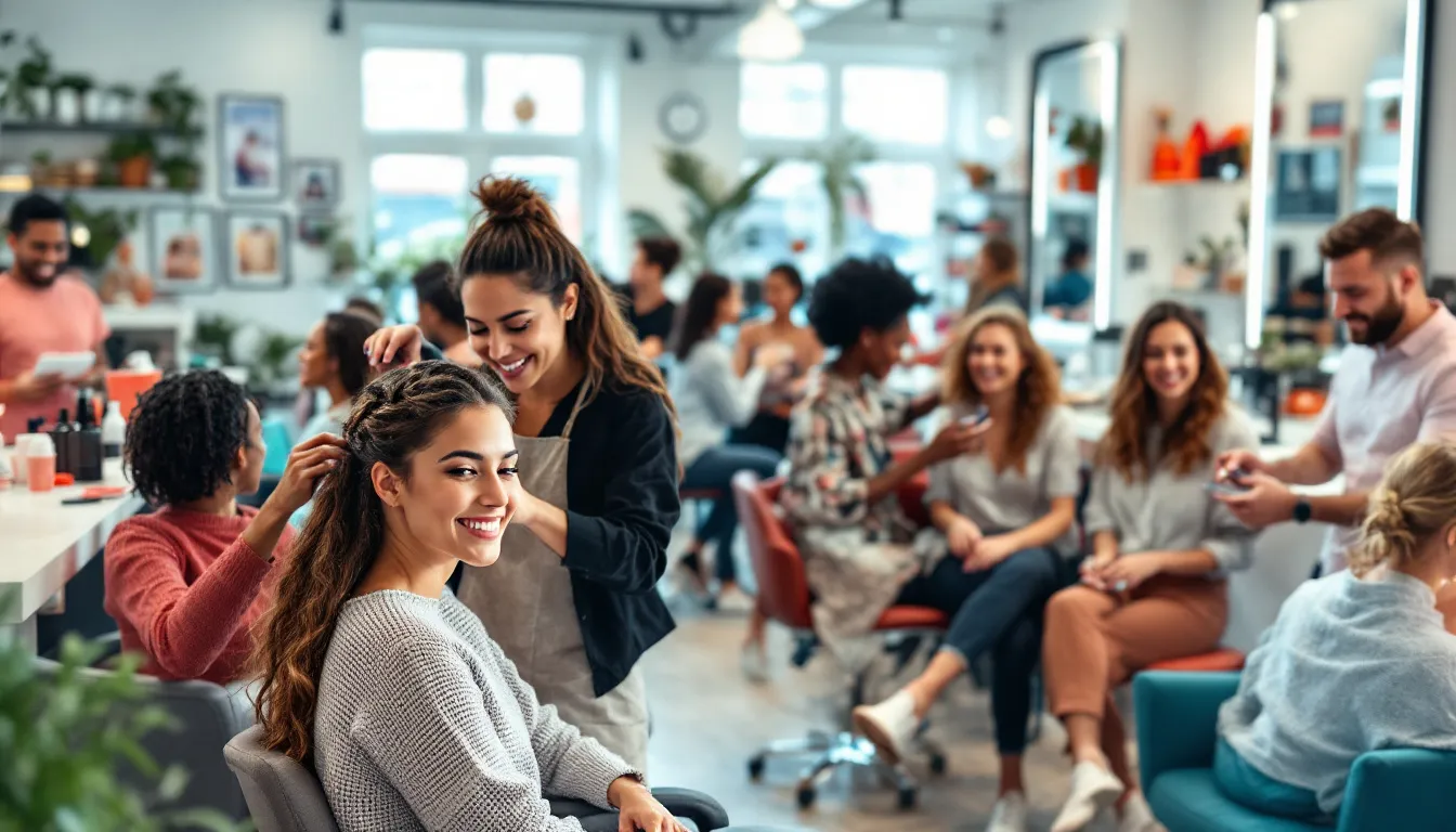 A vibrant beauty salon is bustling with happy customers receiving various salon services, showcasing the success of beauty salon owners in the beauty industry. The atmosphere reflects the importance of cash flow and effective business loans for beauty salons, highlighting the thriving salon business.