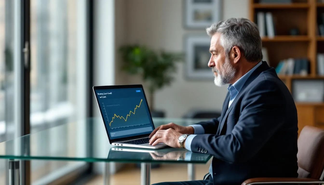 A business owner is intently observing a screen displaying a line chart titled "Business Line of Credit," which likely illustrates trends related to business credit scores and how they may affect personal credit. The chart may provide insights into the financial health of the business and its impact on personal credit history.