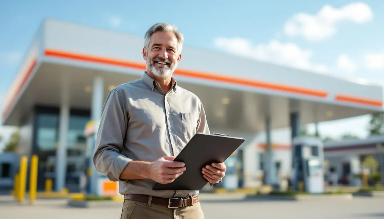 An optimistic gas station owner stands proudly in front of their gas station after successfully securing gas station equipment financing, symbolizing growth and confidence in their fuel business. The image captures the essence of business financing and the potential for expansion in the gas station industry.