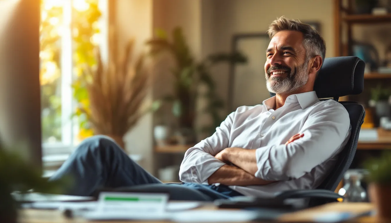 A small business owner sits at their desk, looking pleased as they review their business credit report, which reflects a strong business credit profile and positive payment history. The report showcases essential elements such as credit utilization ratio and current balance, indicating their overall credit health and the impact of timely payments on their credit score.