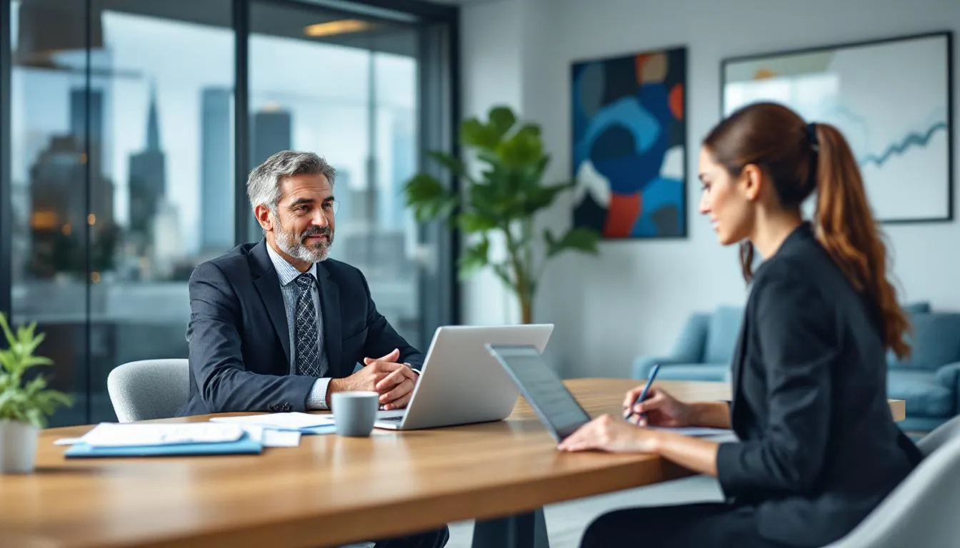 A business owner is engaged in a discussion with a business loan broker, exploring various short-term financing options such as lines of credit and installment loans to address immediate business needs. The scene emphasizes the importance of understanding credit scores and financing solutions for small business owners seeking competitive rates.