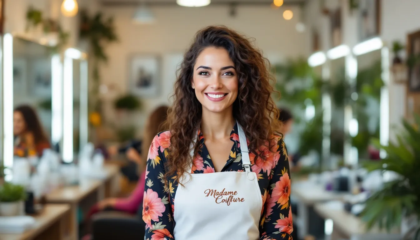 A smiling beauty salon owner stands confidently in her salon, radiating happiness and success, surrounded by stylish decor and salon equipment. This image captures the essence of the beauty salon industry, highlighting the joy and fulfillment of running a successful beauty business.