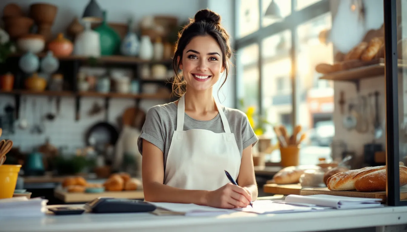 A small business owner is smiling with relief and joy after receiving favorable terms on a small business loan, which will provide essential working capital to support their business operations. The scene conveys a sense of accomplishment and optimism about future growth, emphasizing the importance of understanding loan options and repayment terms.