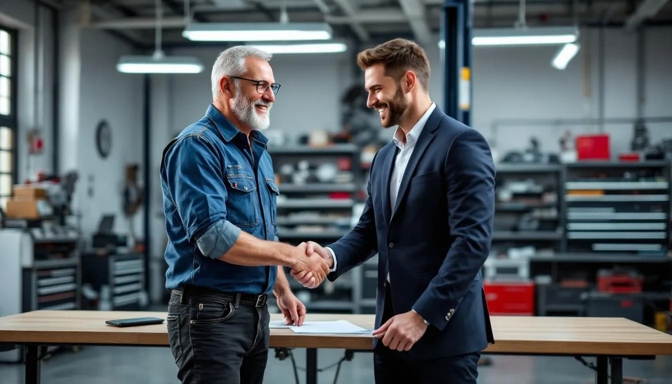 An auto mechanic and the owner of an auto repair shop are finalizing an equipment financing loan to upgrade their automotive repair equipment. This transaction highlights the importance of financing options for successful auto repair businesses looking to invest in the latest technology and stay competitive in the automotive industry.